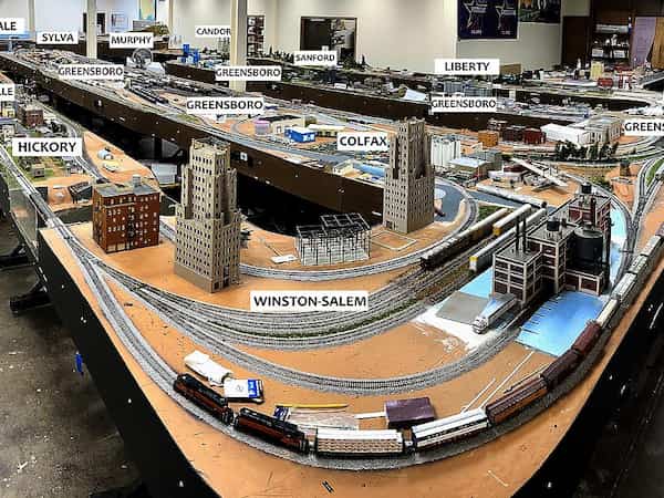 model railroad with cities labeled