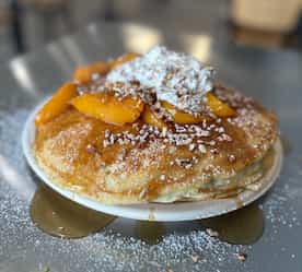 close-up of pancakes with toppings