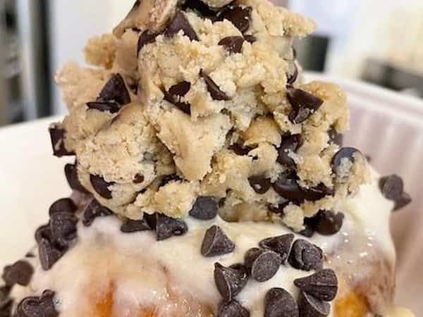 a cinnamon roll with cookie dough and chocolate chips
