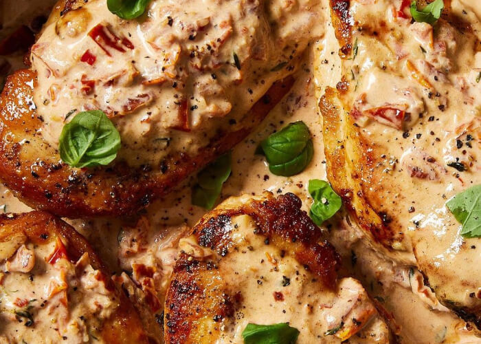 chicken topped with creamy sauce