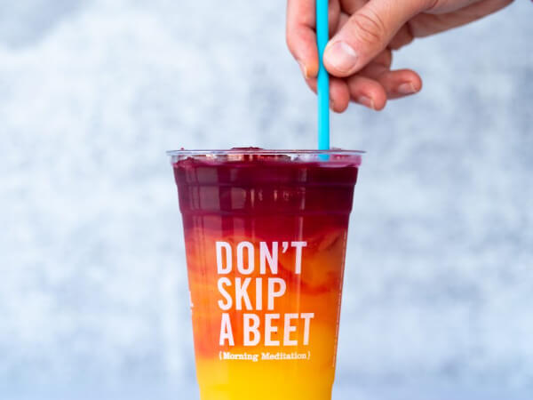 drink with "Don't Skip a Beet" message on cup