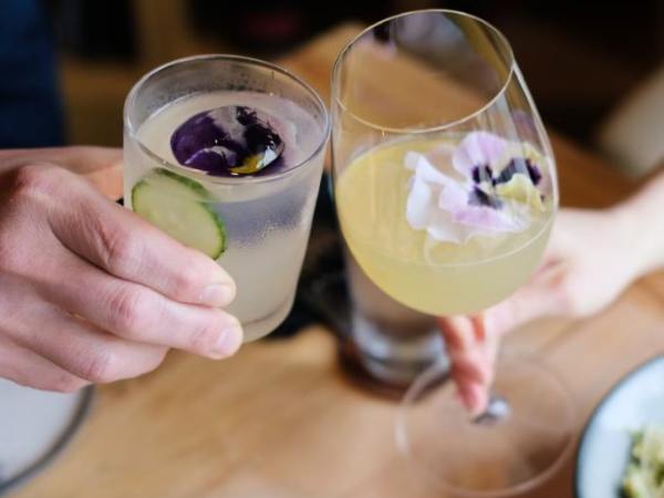 two cocktails tipped in cheers gesture