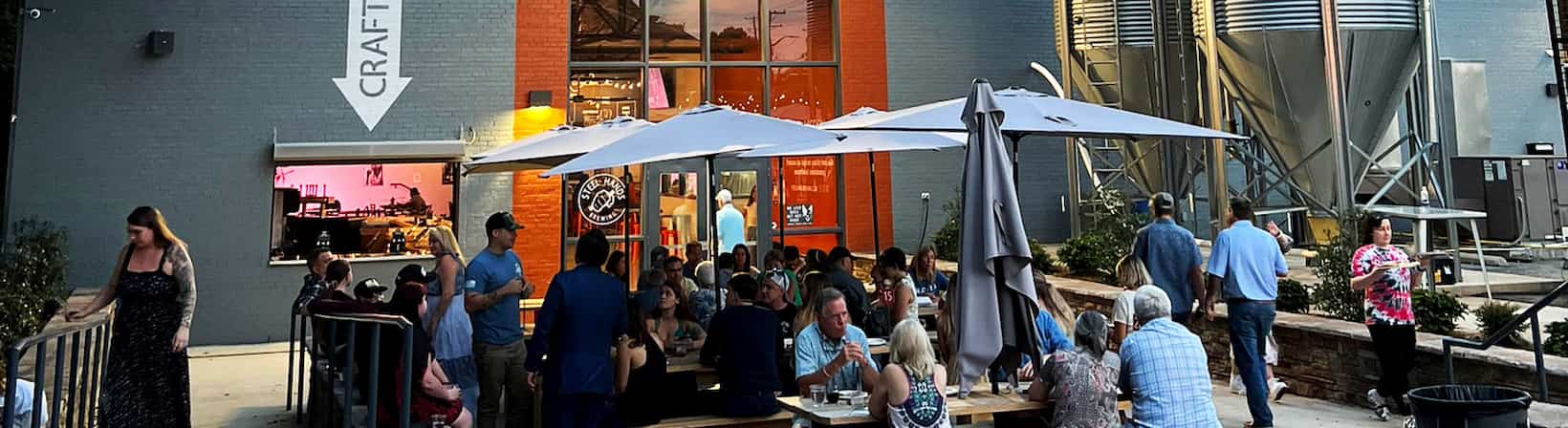 Steel Hands Brewing patio filled with people