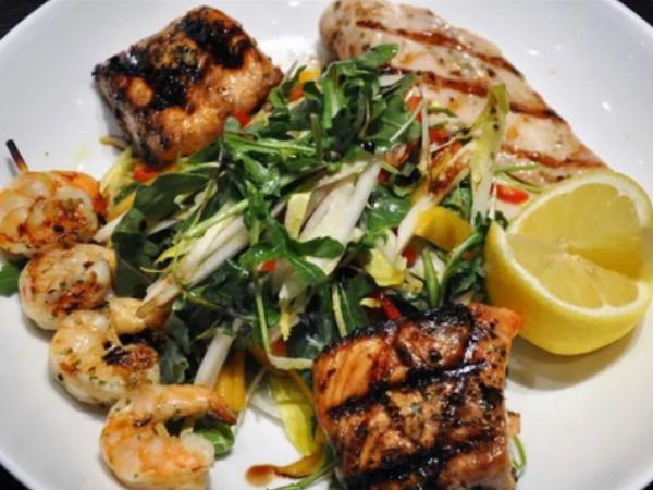 Shrimp, fish and salad
